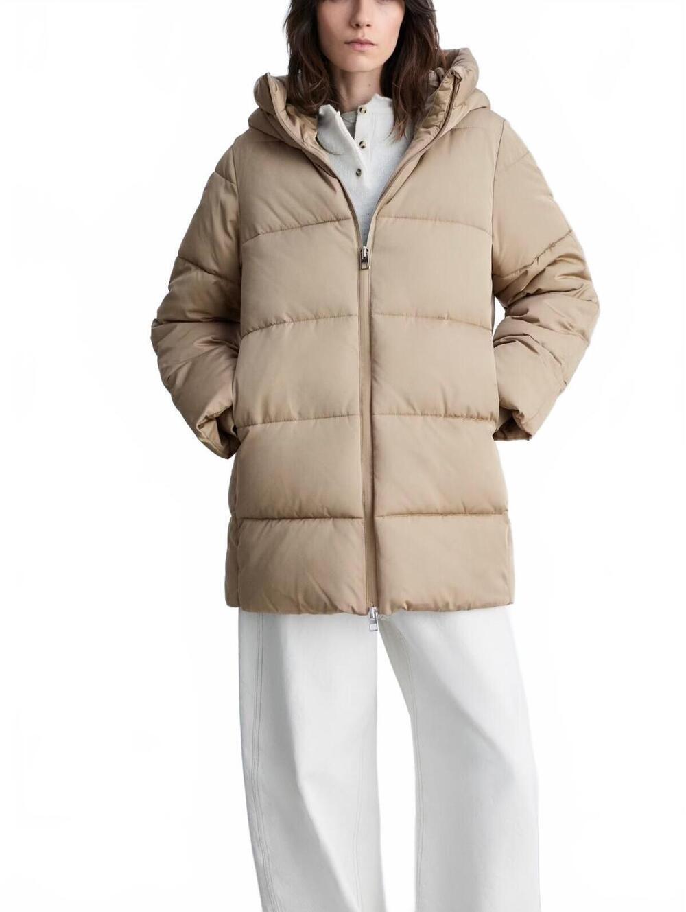 Mango Midi Quilted Anorak with Hood NWT Beige XS
